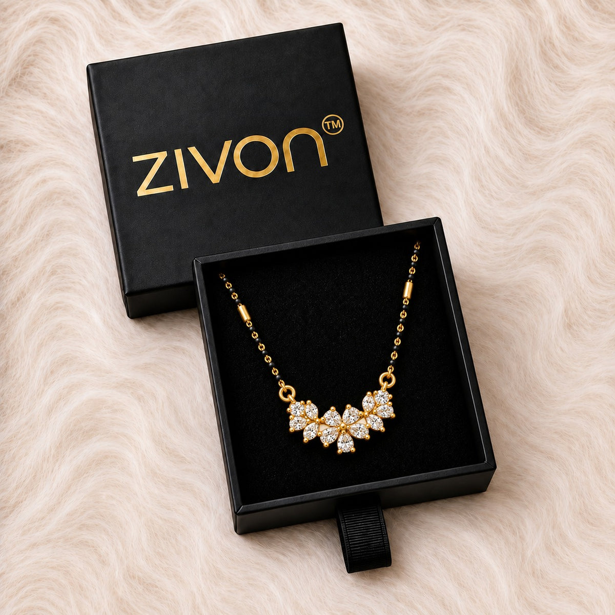 18K Gold Tone Anti-Tarnish Floral Crystal Pendant Mangalsutra
