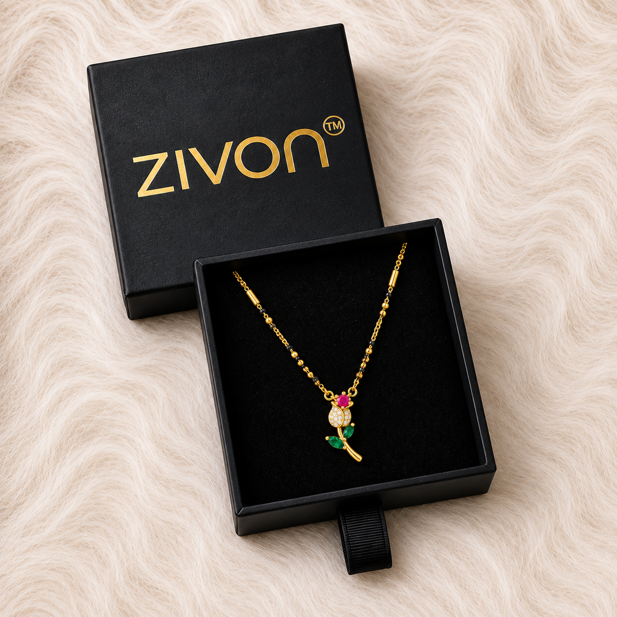 18K Gold Tone Anti-Tarnish Floral Rose Pendant Mangalsutra