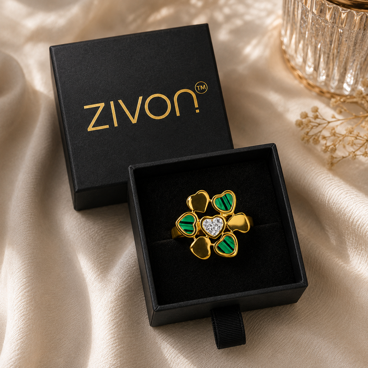 18K Malachite Clover Heart Statement Ring