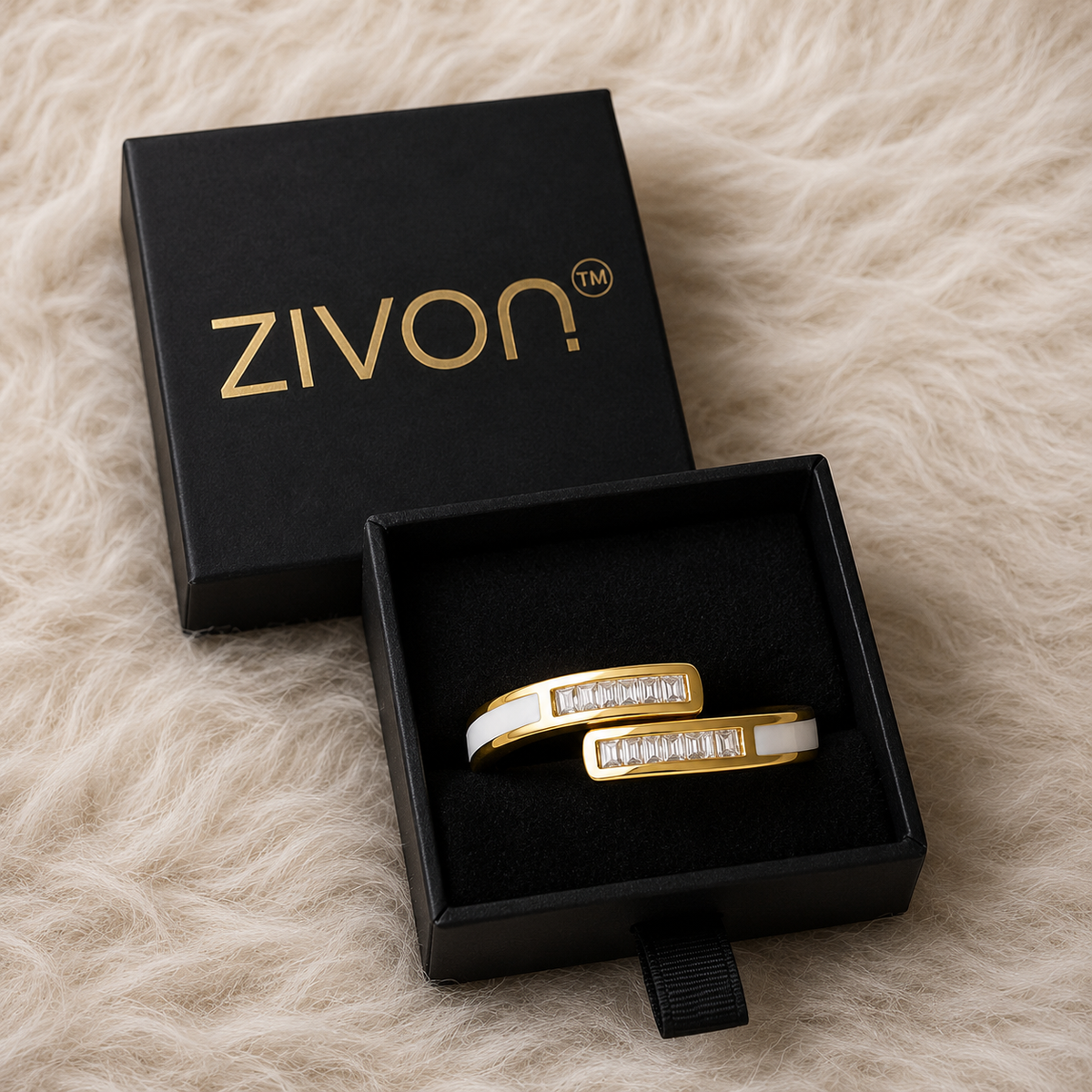 18K Crystal & White Enamel Open Ring