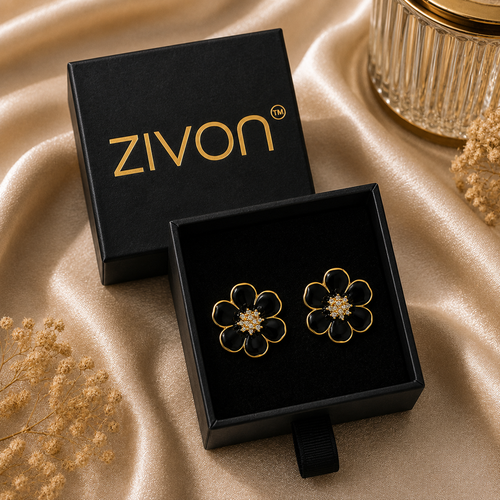 18K Black Blossom Enamel Stud Earrings