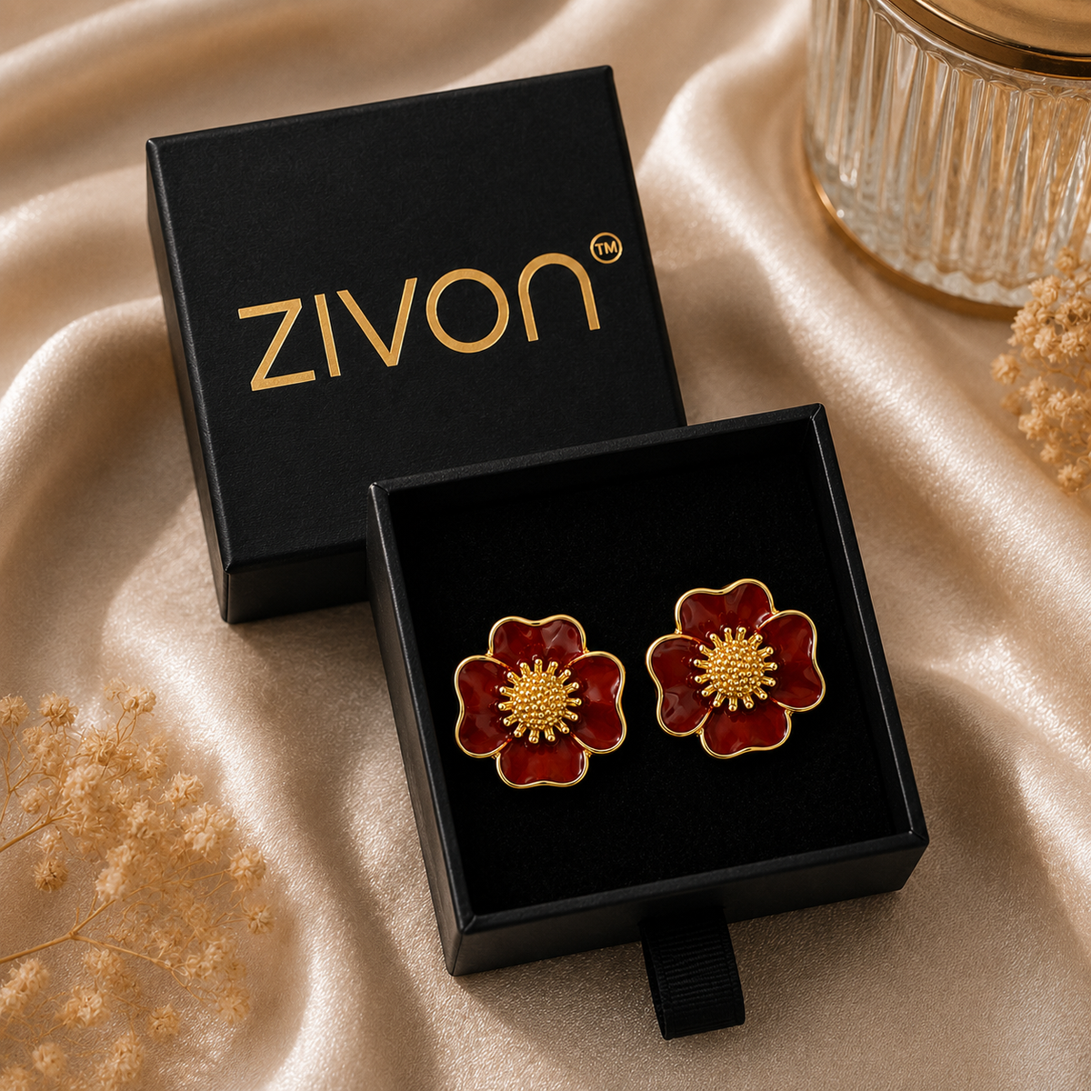 18K Red Bloom Enamel Stud Earrings