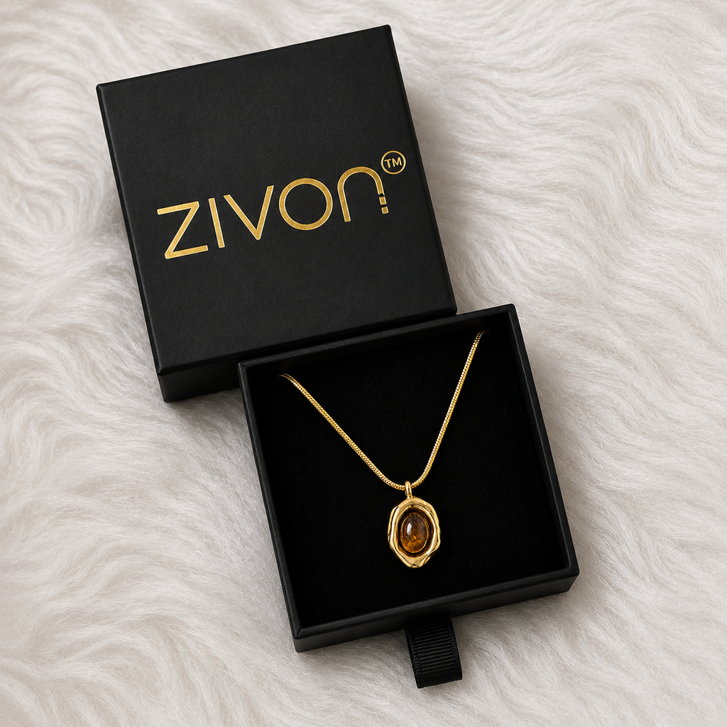 18K Gold Plated Golden Amber Stone Necklace