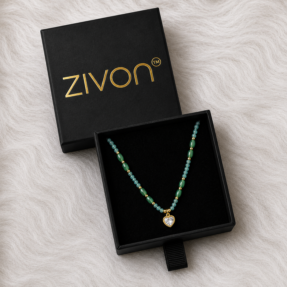 18K Gold Plated Aqua Beaded Heart Necklace