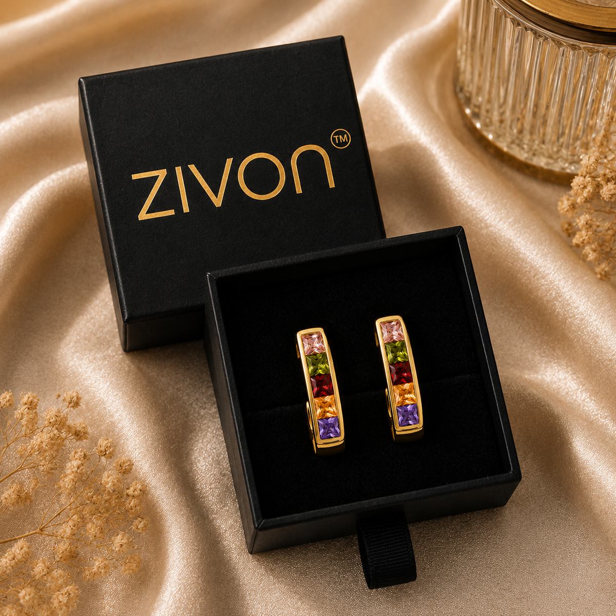 18K Rainbow Crystal Huggie Hoop Earrings