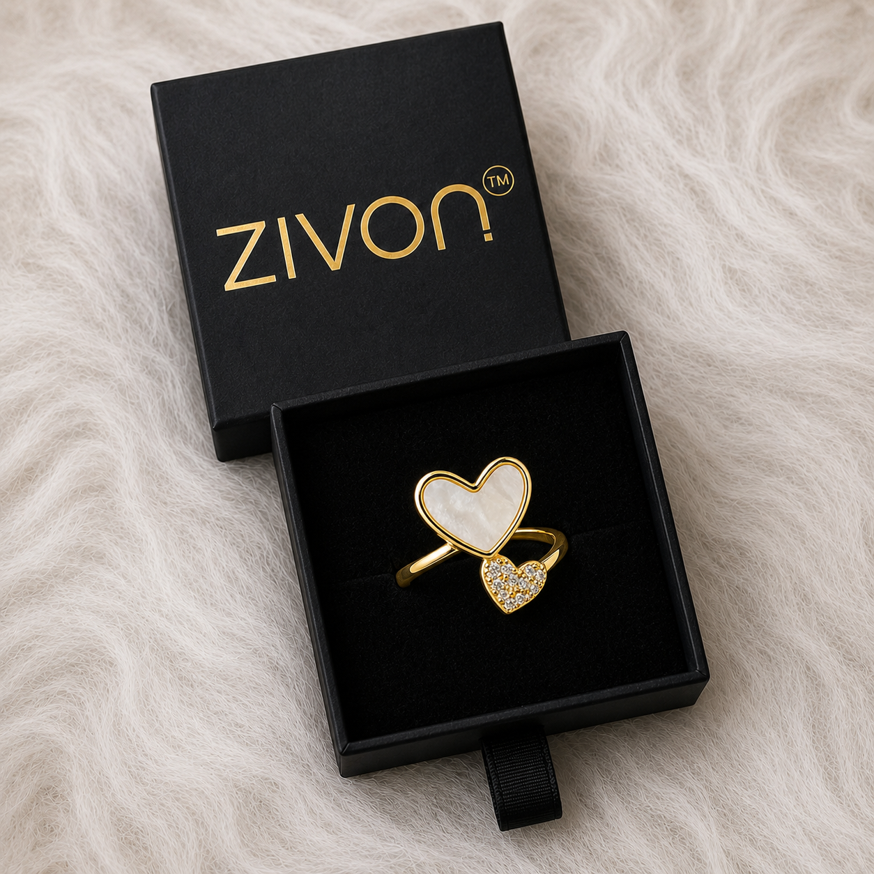 18K Mother of Pearl Double Heart Adjustable Ring