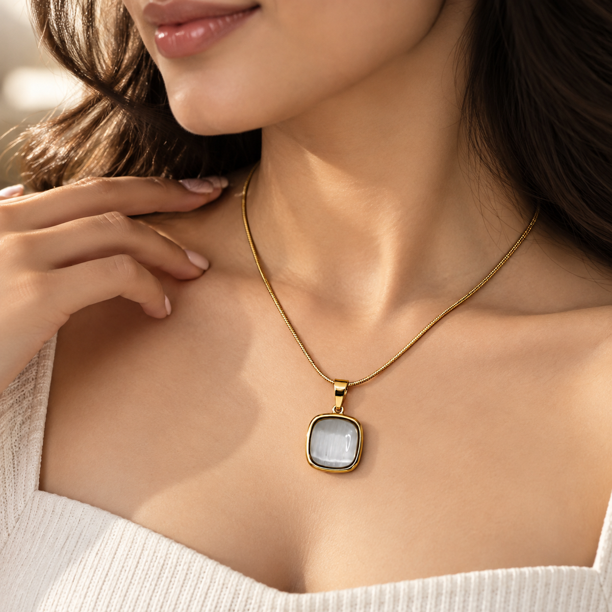 18K Gold Plated White Cat's Eye Necklace