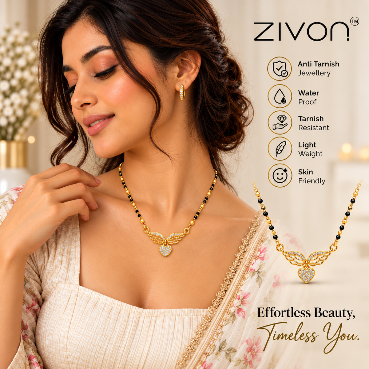 18K Gold Tone Anti-Tarnish Wing Heart Pendant Mangalsutra