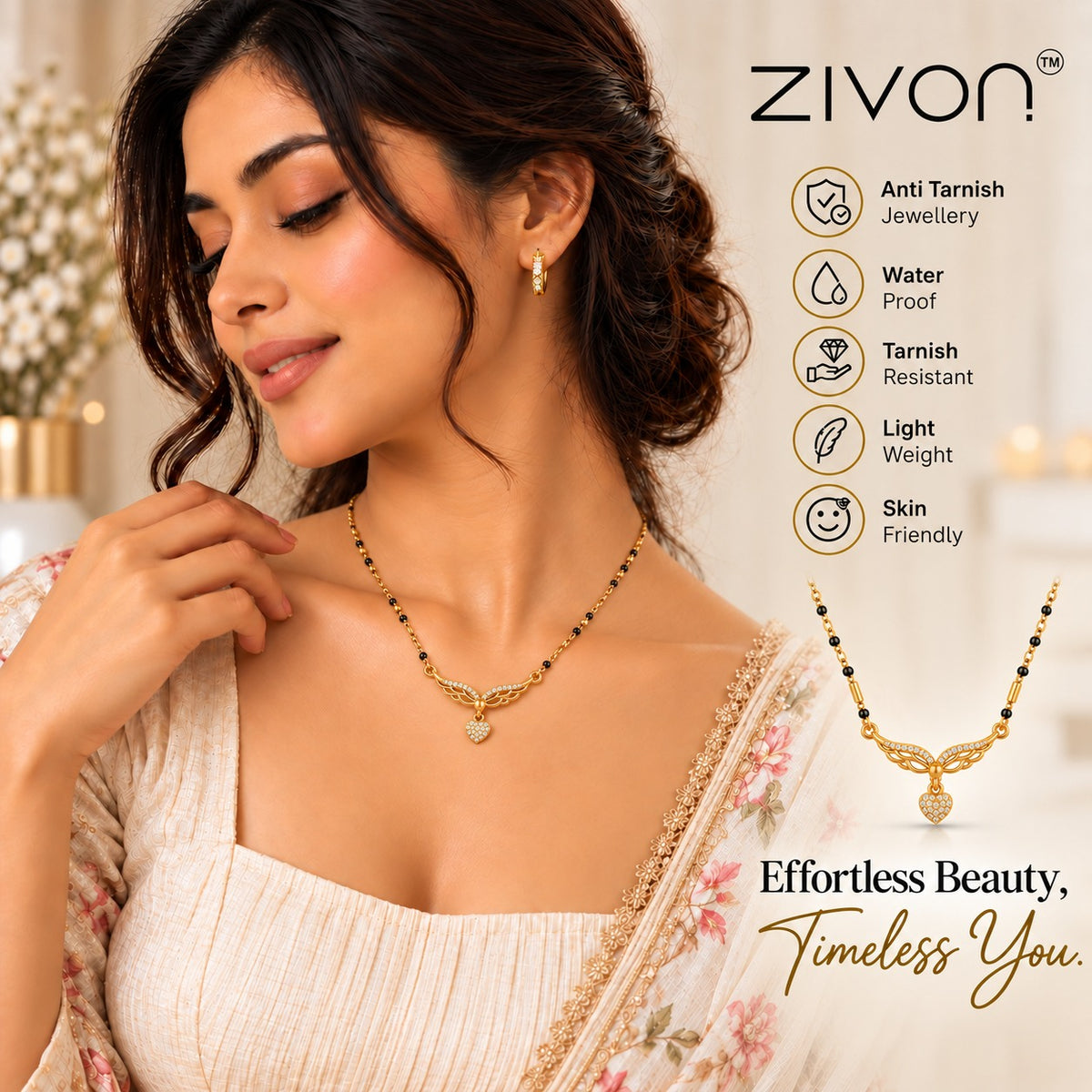 18K Gold Tone Elegant Wing Pendant Mangalsutra