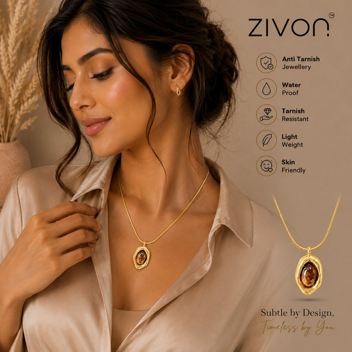 18K Gold Plated Golden Amber Stone Necklace