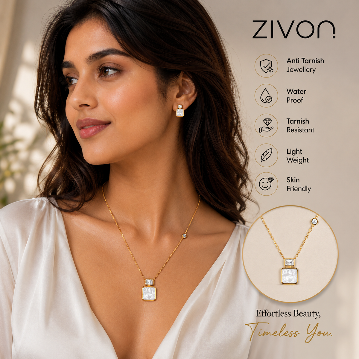 18K Gold Plated White Square Pendant Necklace