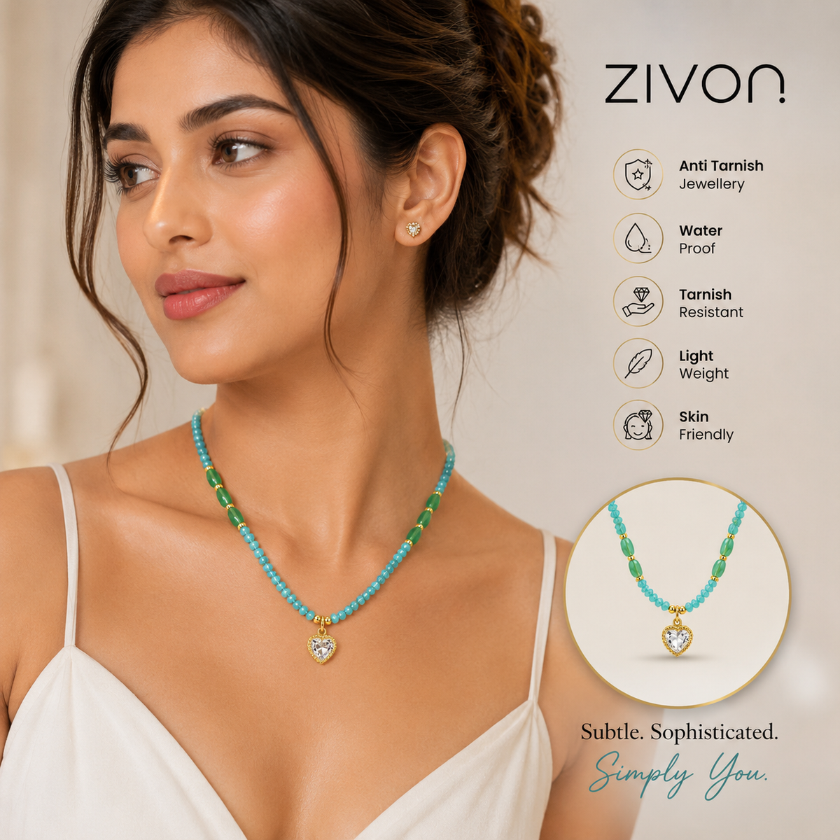 18K Gold Plated Aqua Beaded Heart Necklace
