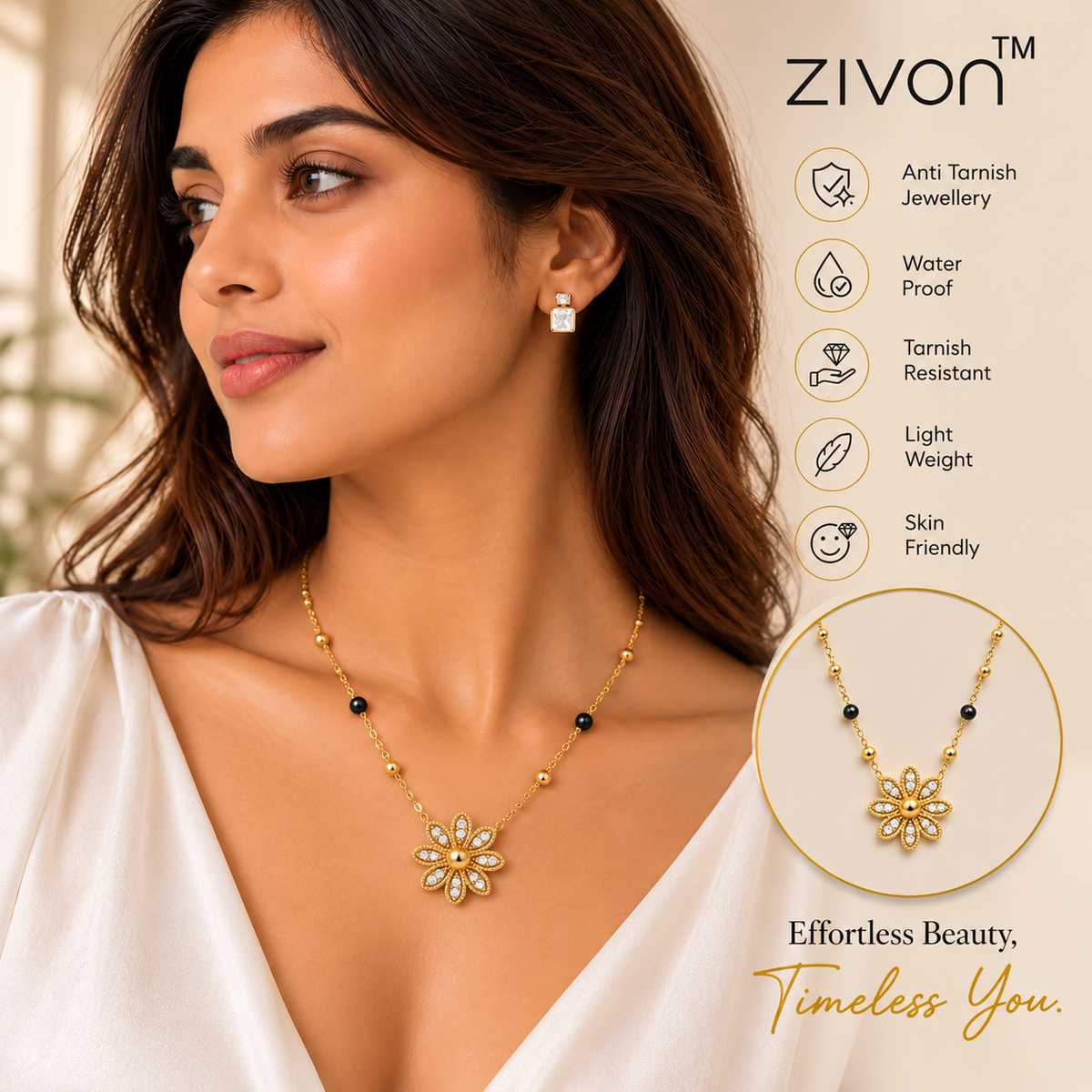 18K Gold Tone Anti-Tarnish Daisy Pendant Mangalsutra