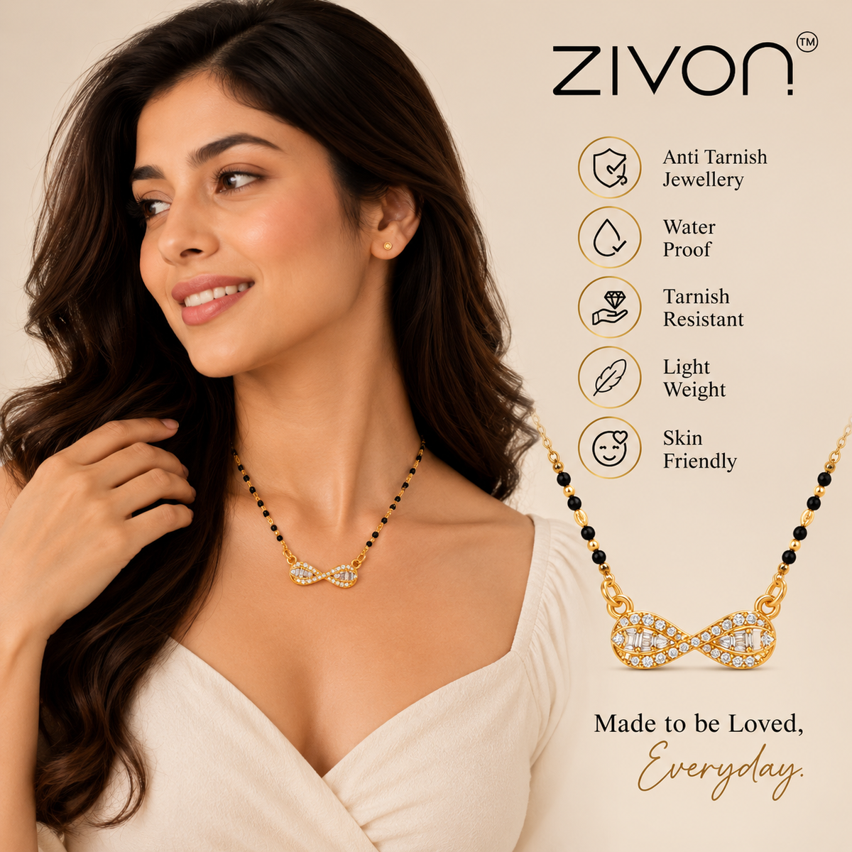 18K Gold Tone Anti-Tarnish Infinity Bow Pendant Mangalsutra