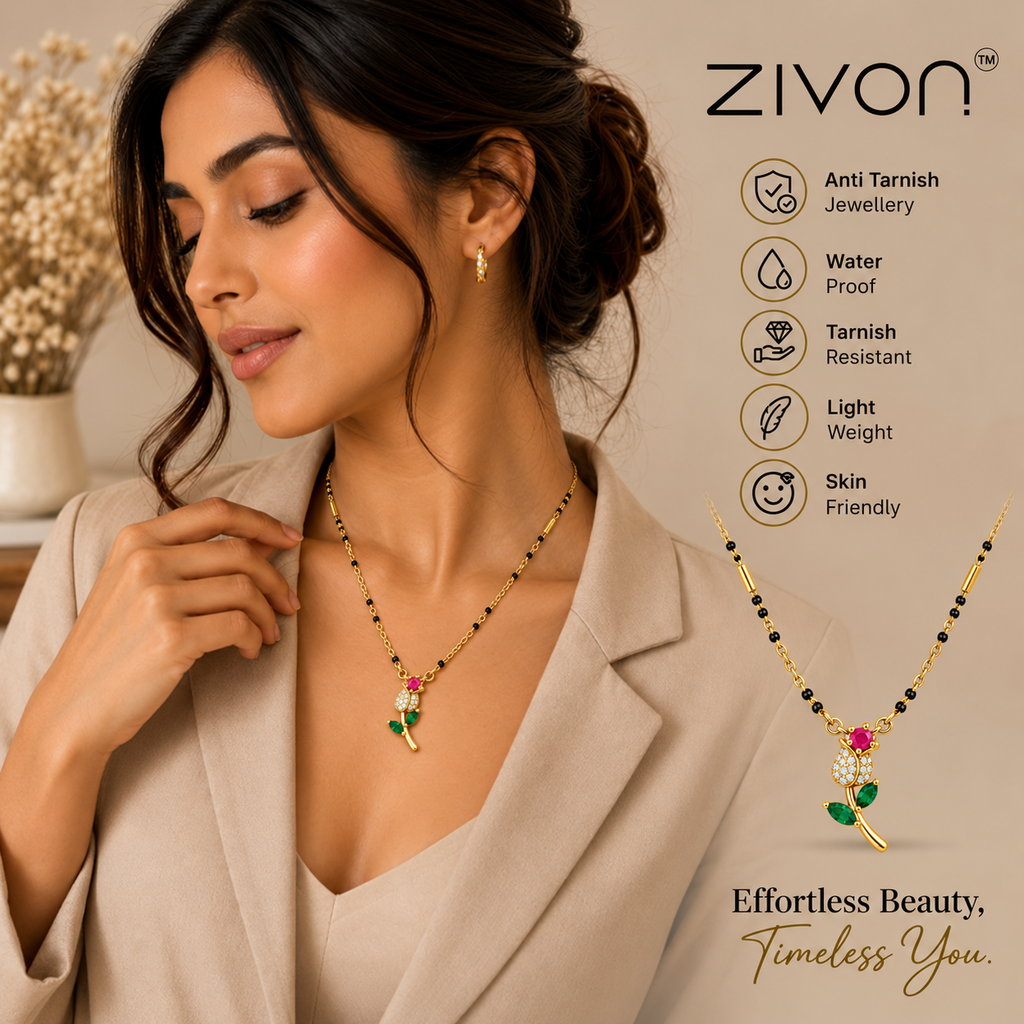 18K Gold Tone Anti-Tarnish Floral Rose Pendant Mangalsutra