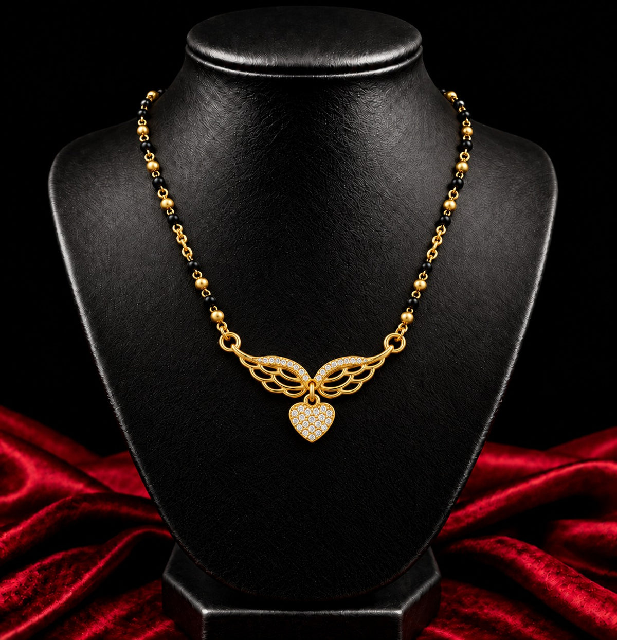 18K Gold Tone Anti-Tarnish Wing Heart Pendant Mangalsutra