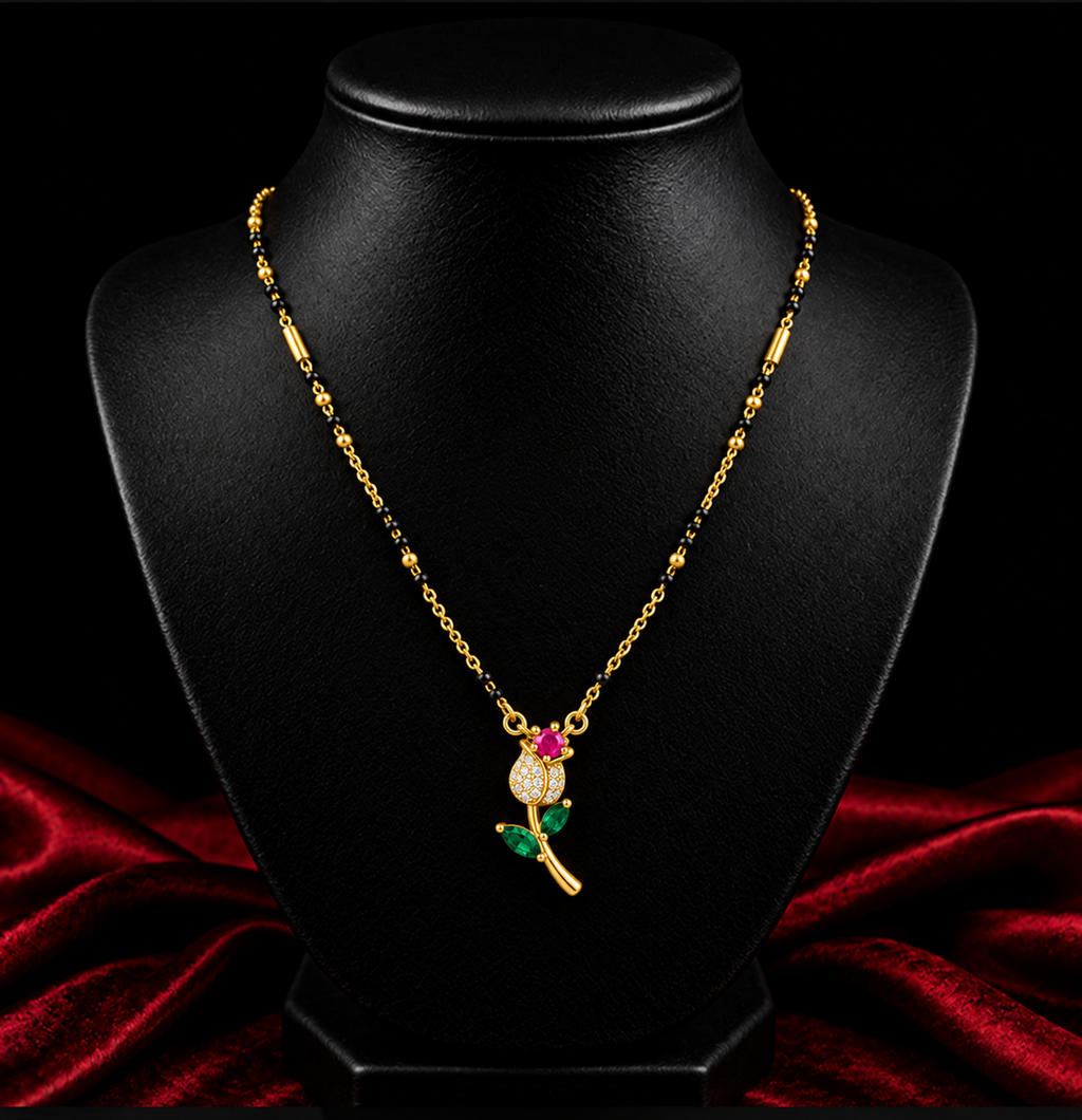 18K Gold Tone Anti-Tarnish Floral Rose Pendant Mangalsutra