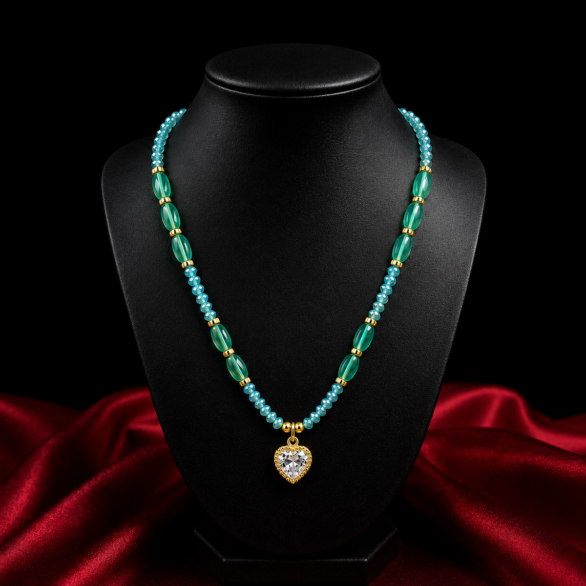 18K Gold Plated Aqua Beaded Heart Necklace