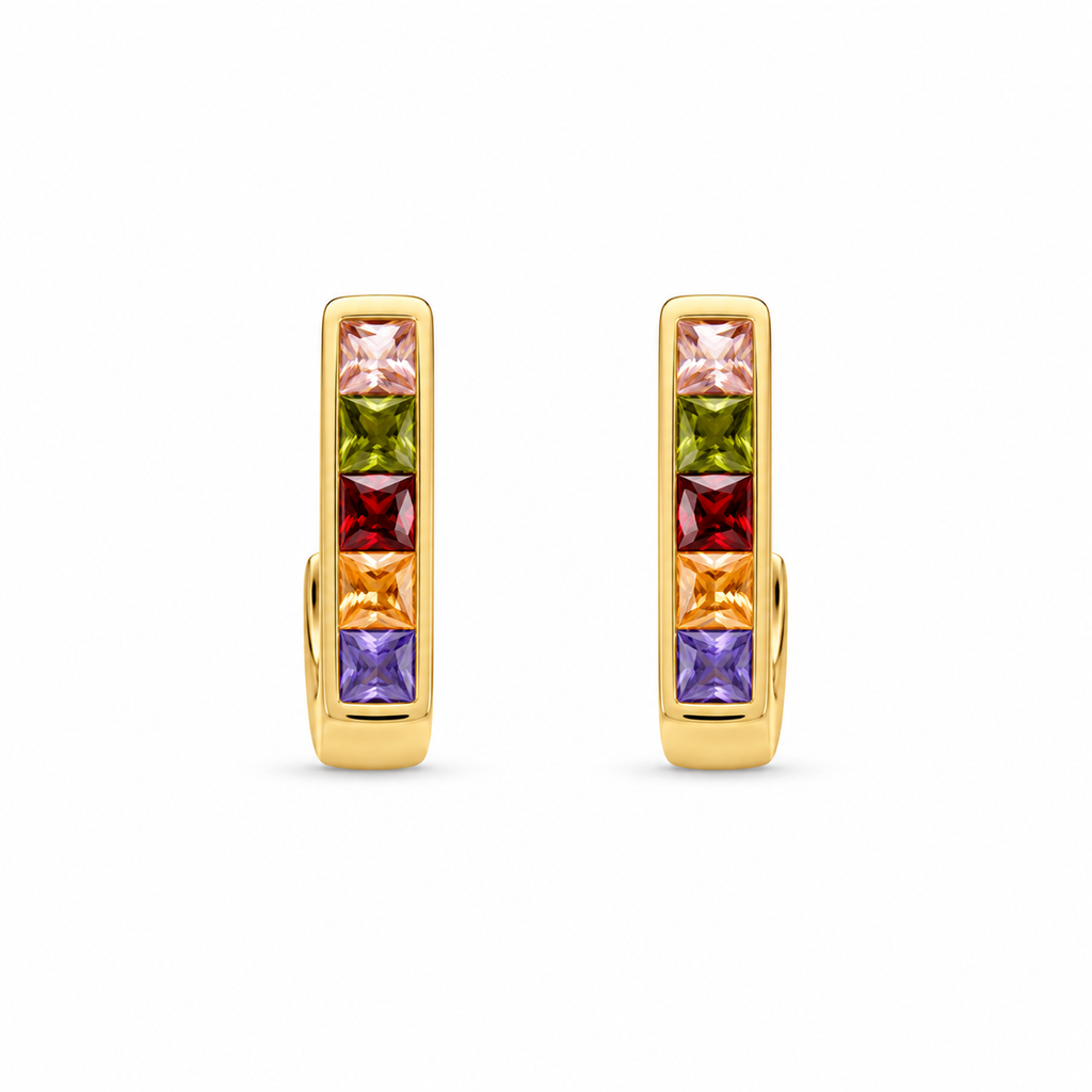 18K Rainbow Crystal Huggie Hoop Earrings