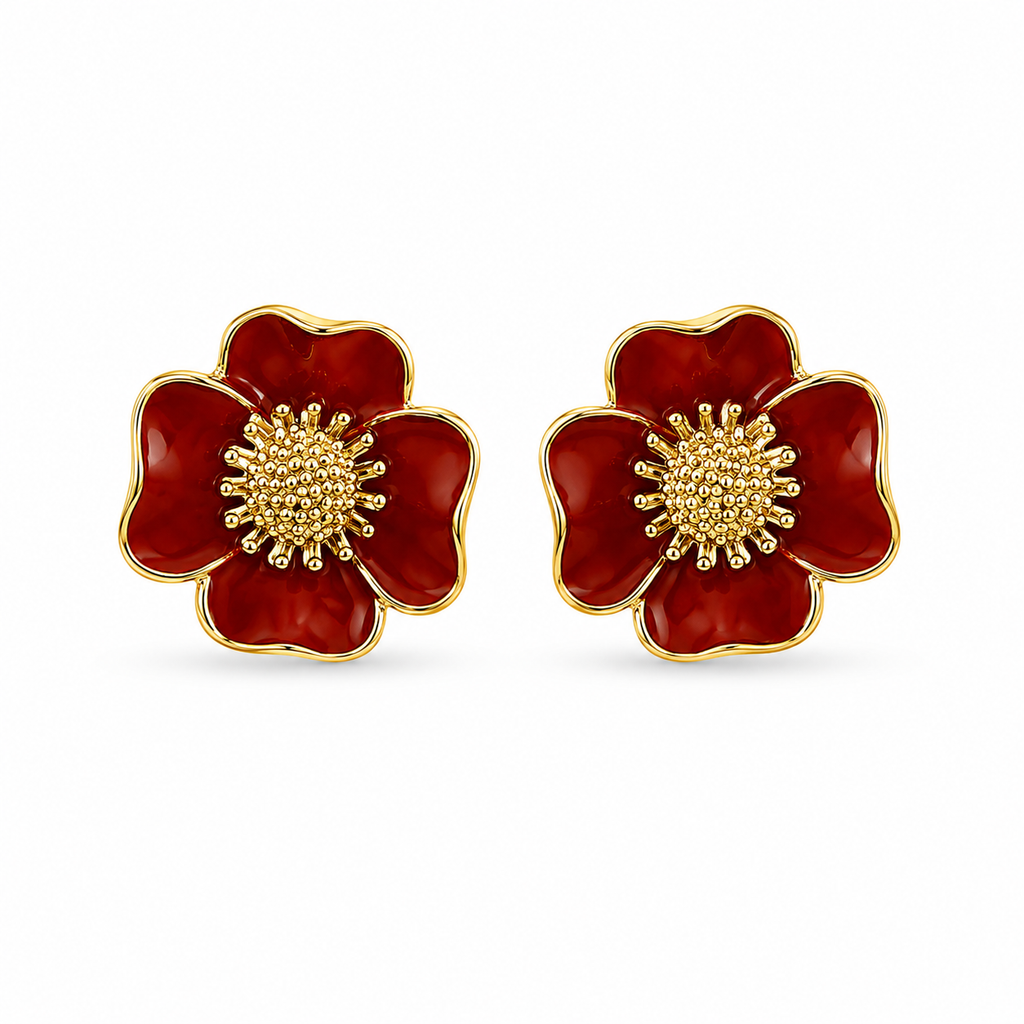 18K Red Bloom Enamel Stud Earrings