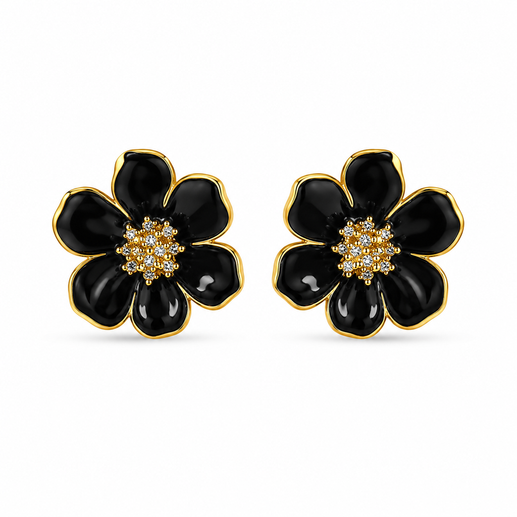 18K Black Blossom Enamel Stud Earrings