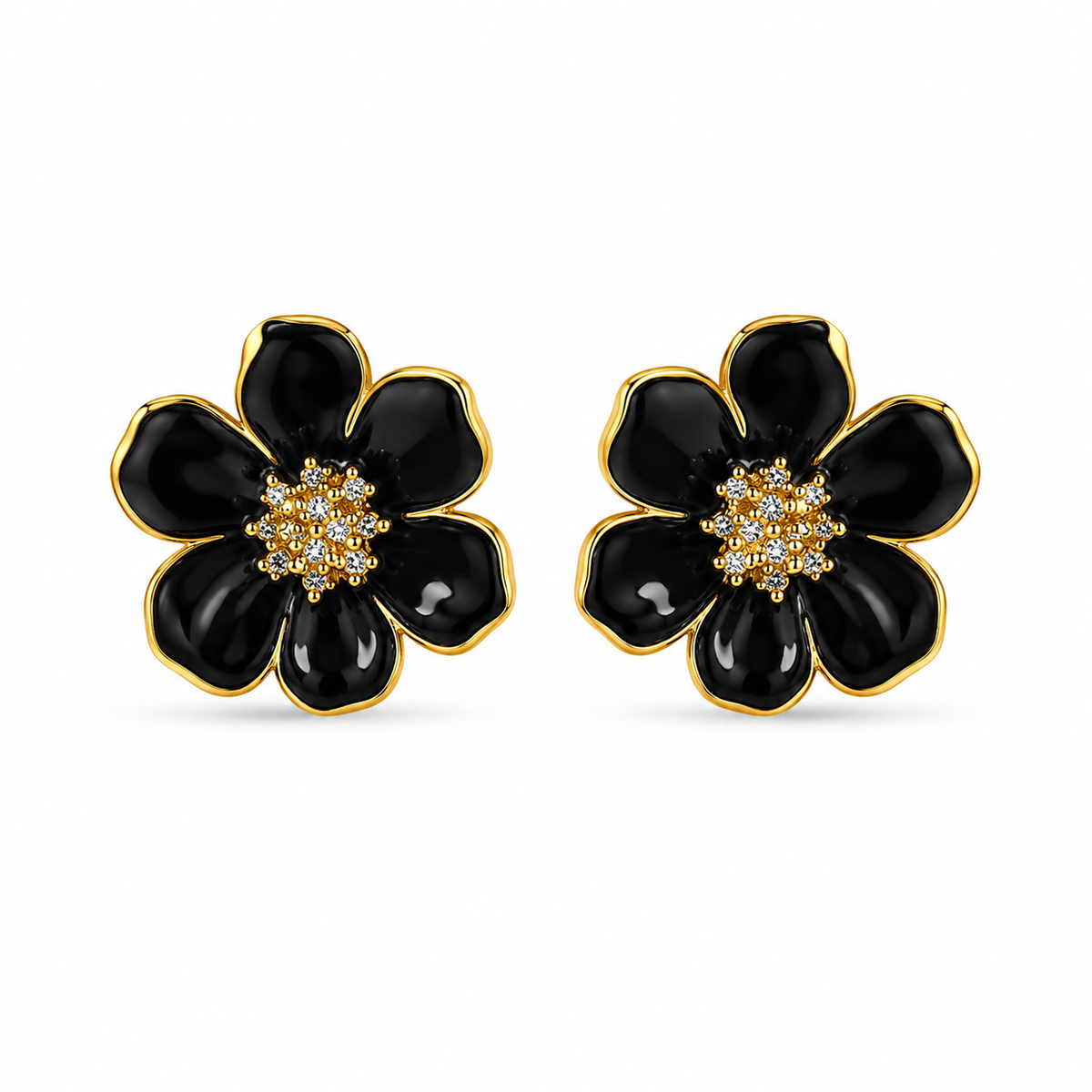 18K Black Blossom Enamel Stud Earrings