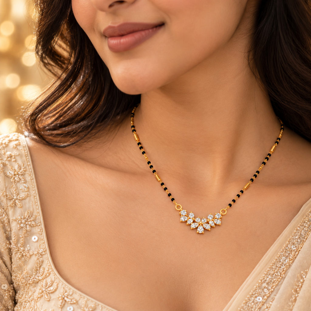 18K Gold Tone Anti-Tarnish Floral Crystal Pendant Mangalsutra