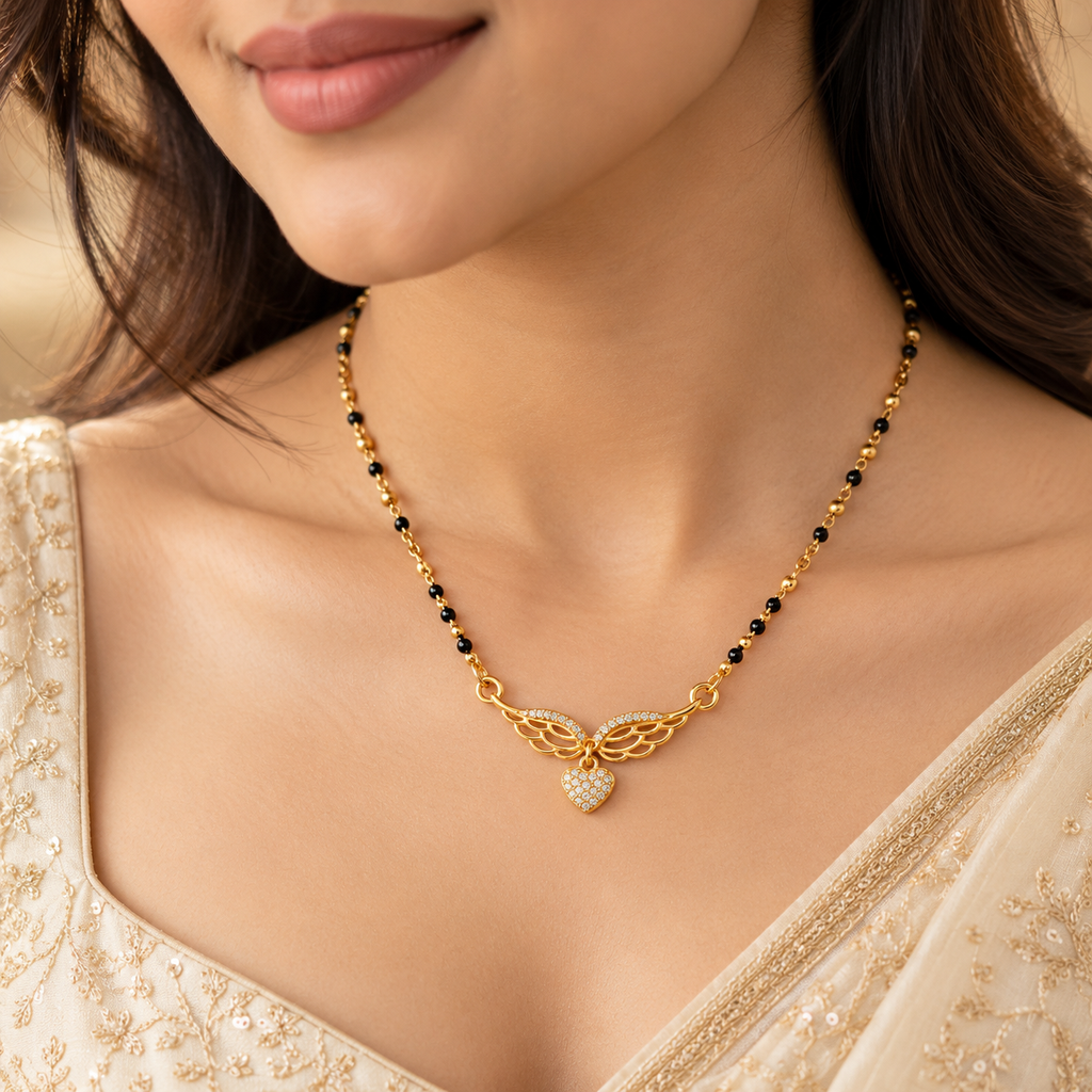 18K Gold Tone Anti-Tarnish Wing Heart Pendant Mangalsutra