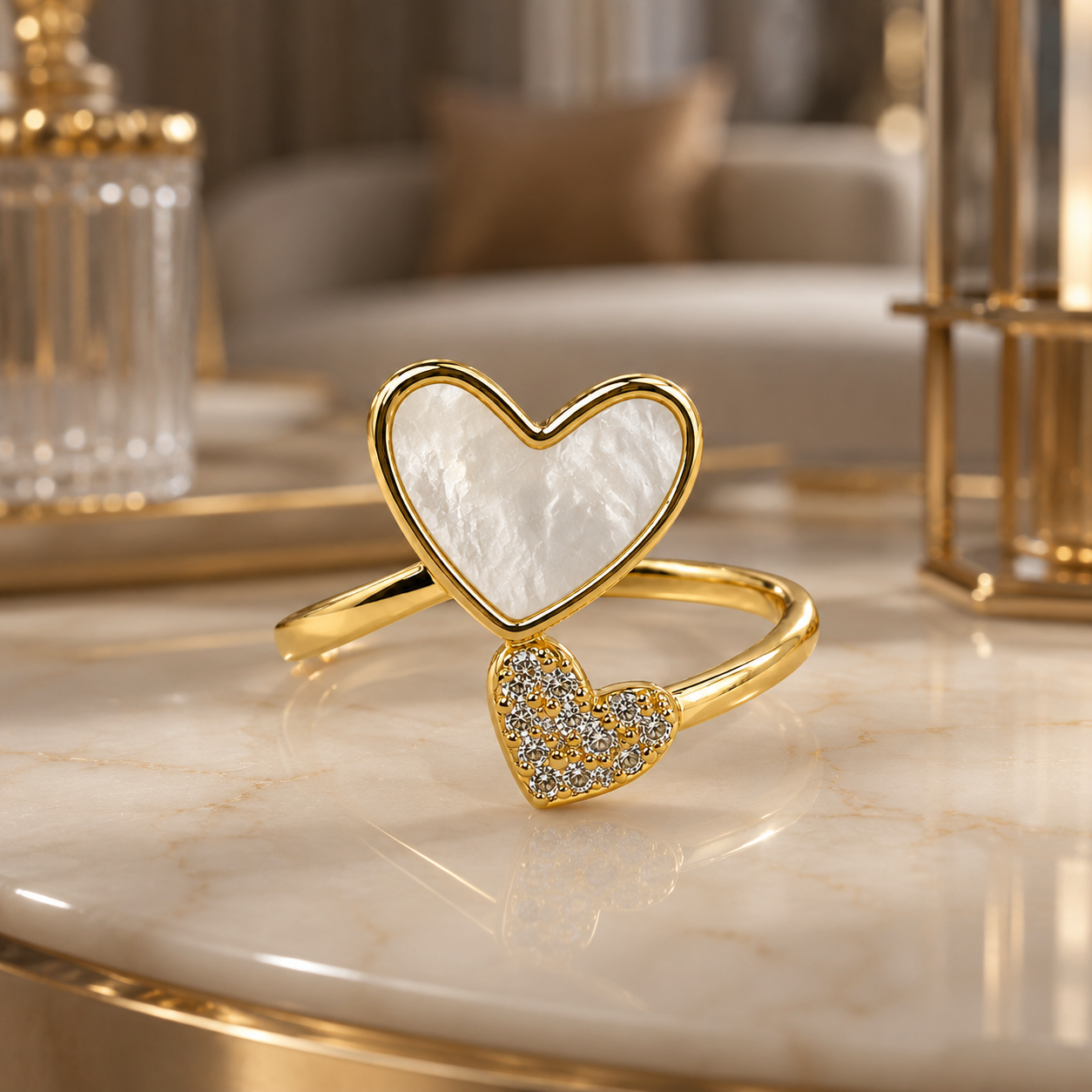 18K Mother of Pearl Double Heart Adjustable Ring