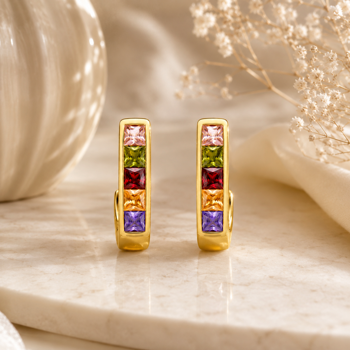 18K Rainbow Crystal Huggie Hoop Earrings