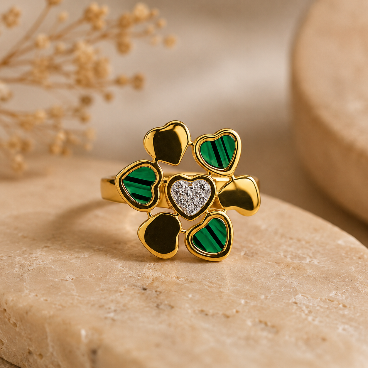 18K Malachite Clover Heart Statement Ring