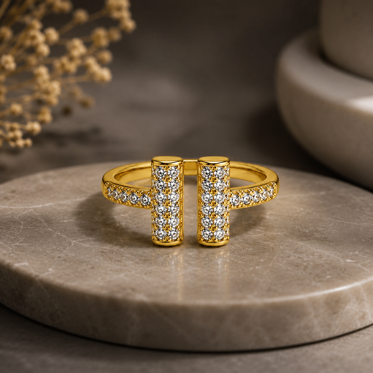 18K Double Bar Crystal Open Ring