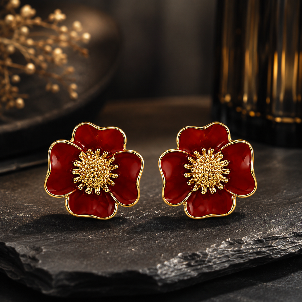 18K Red Bloom Enamel Stud Earrings