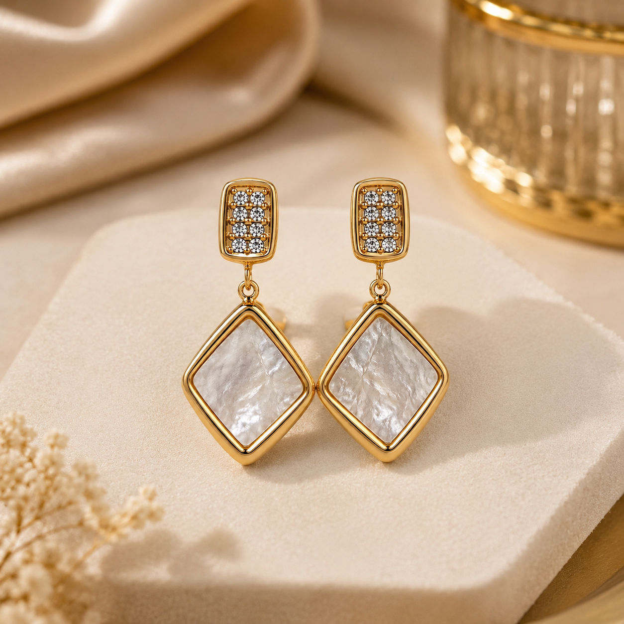 18K Mother of Pearl Diamond Drop Earrings