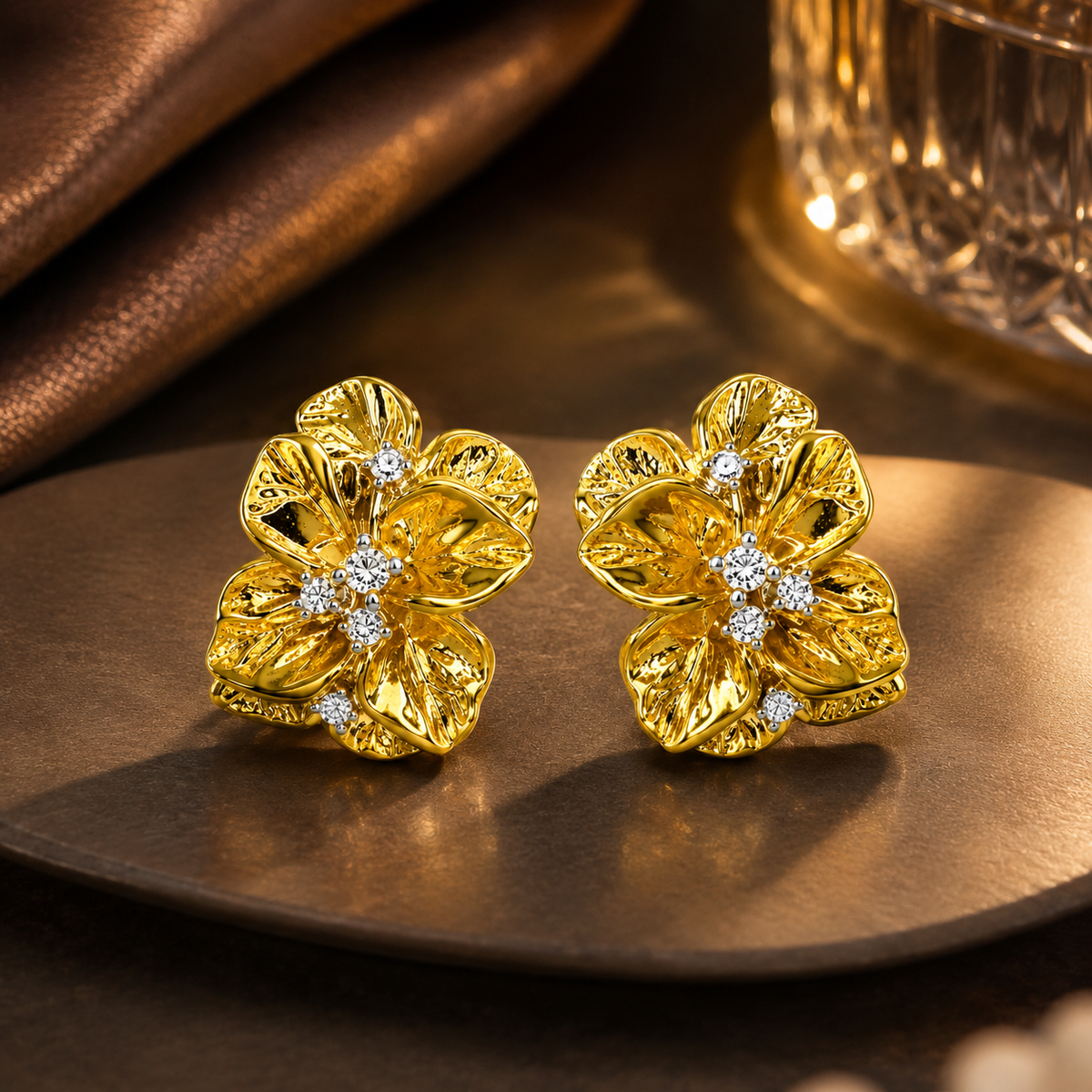 18K Bloom Crystal Floral Stud Earrings