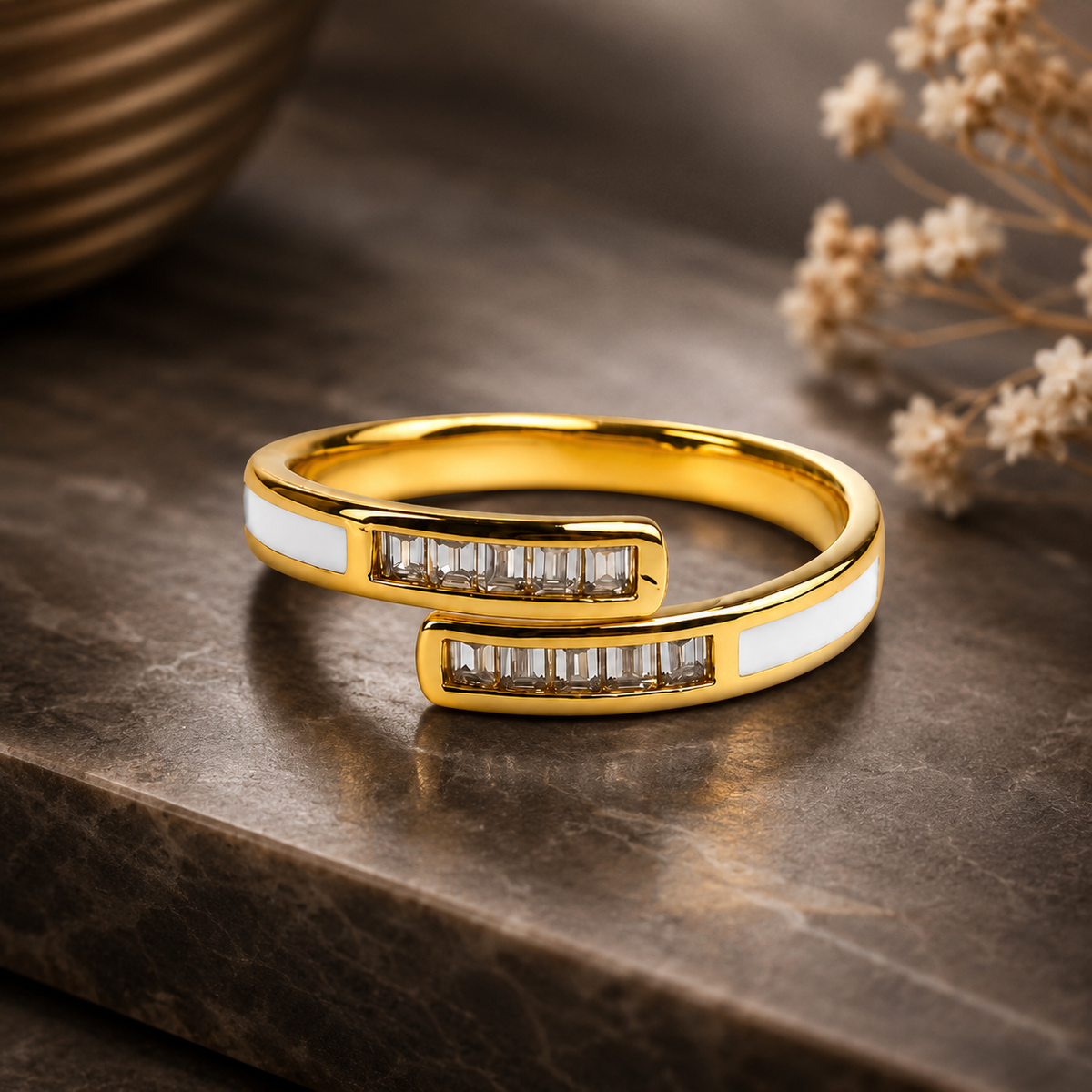 18K Crystal & White Enamel Open Ring
