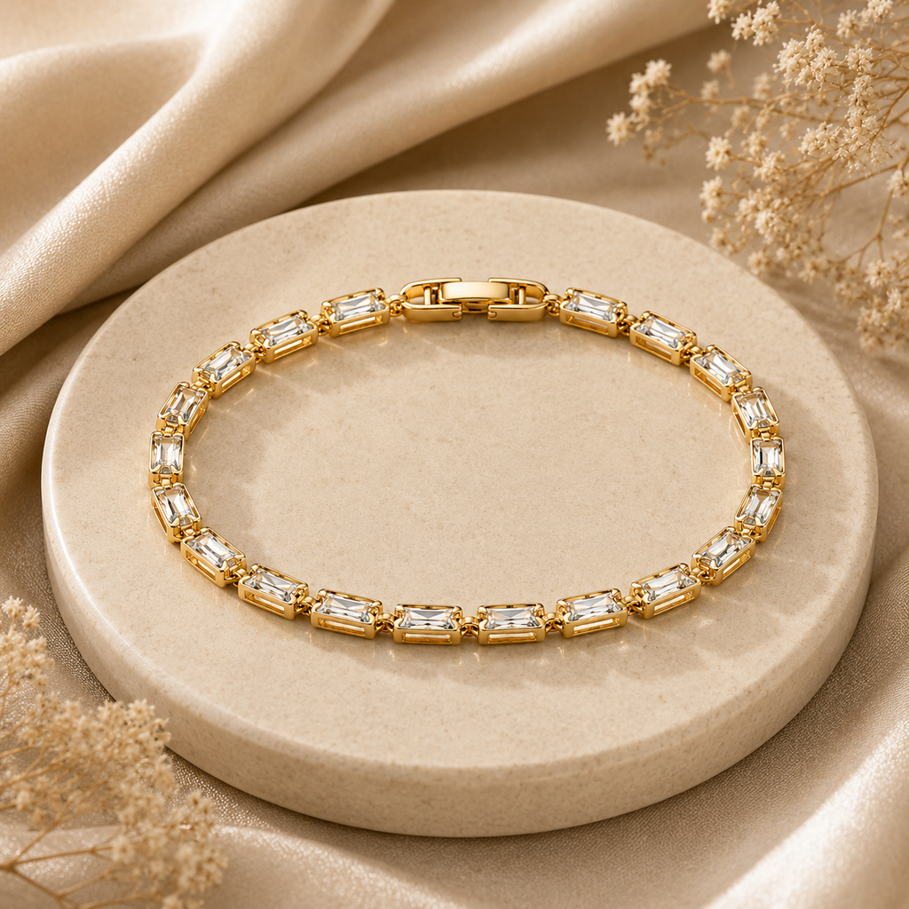 18K Emerald-Cut Crystal Tennis Bracelet