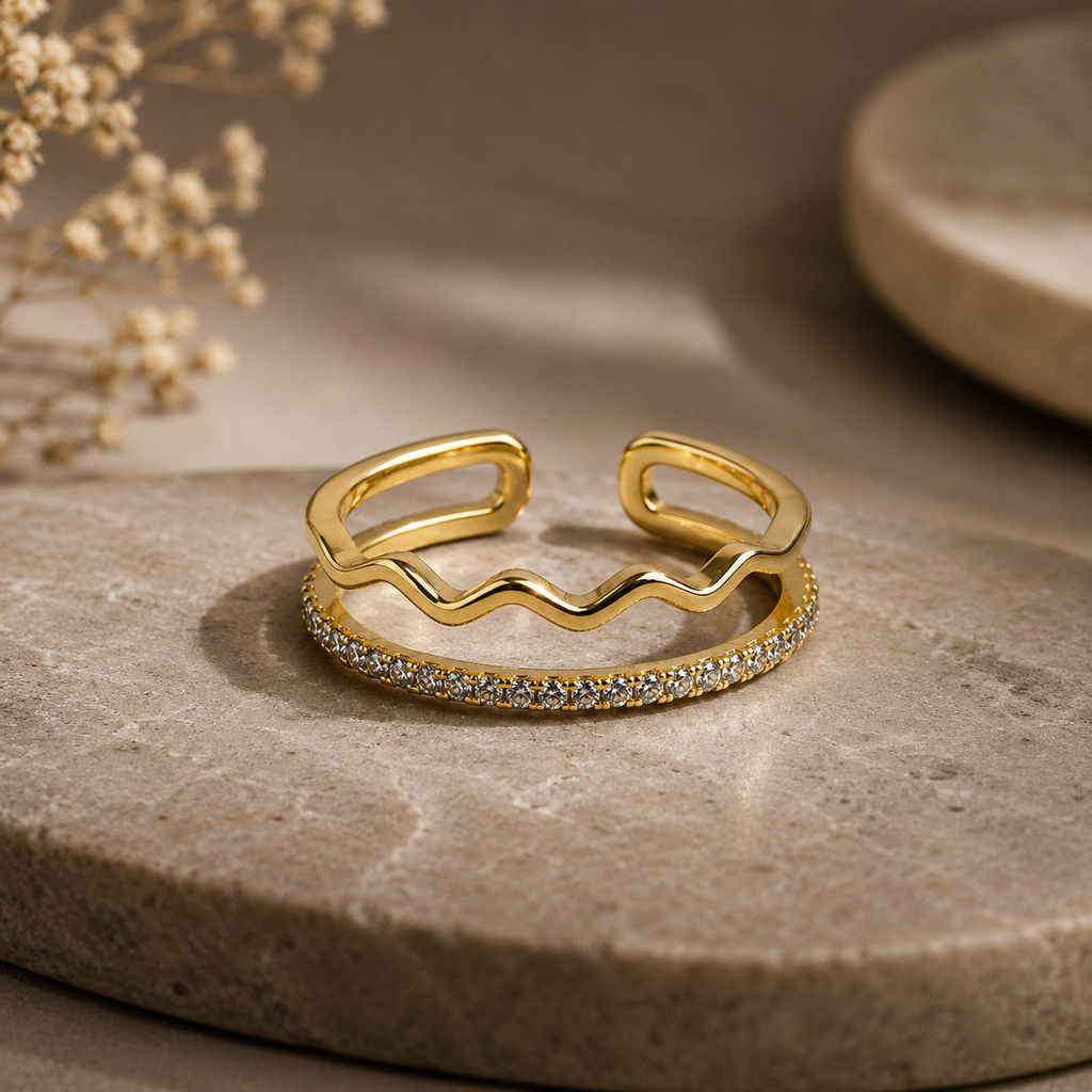 18K Dual Wave Crystal Open Ring
