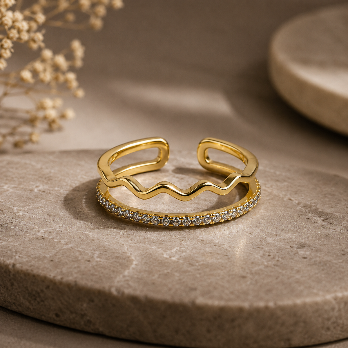 18K Dual Wave Crystal Open Ring