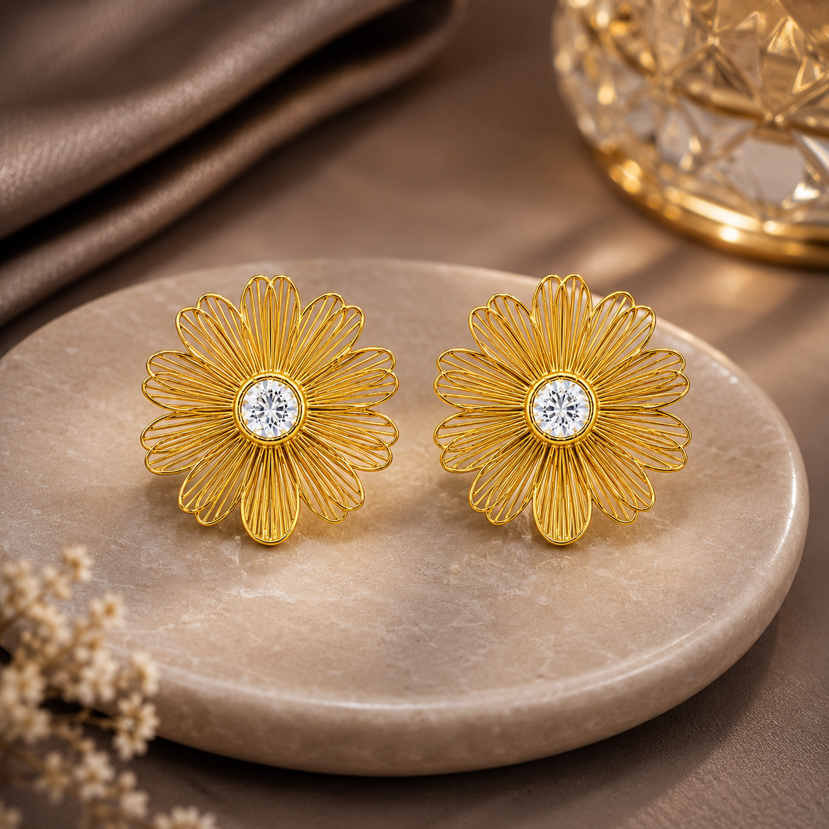 18K Floral Crystal Stud Earrings