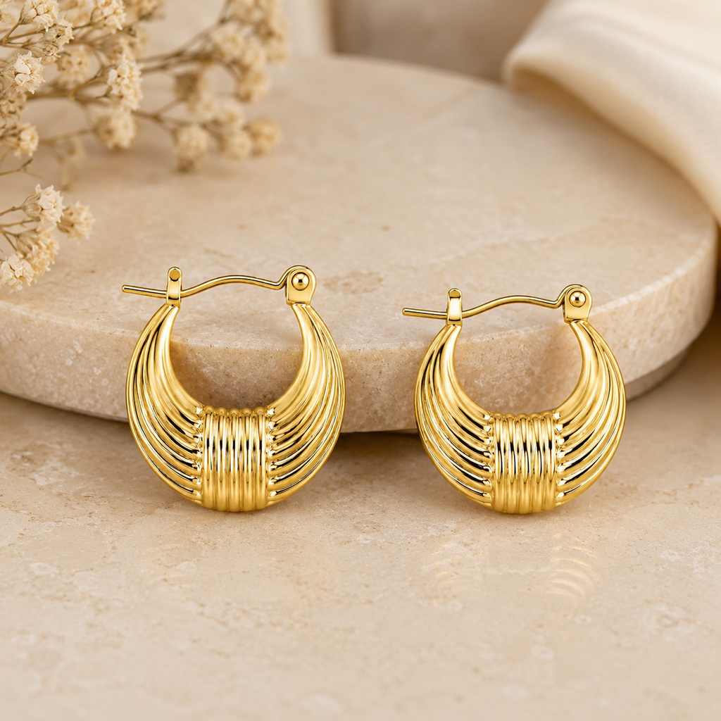 18K Vintage Ribbed Hoop Earrings