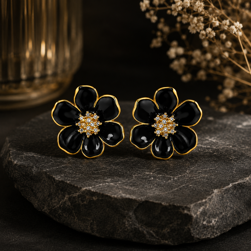 18K Black Blossom Enamel Stud Earrings