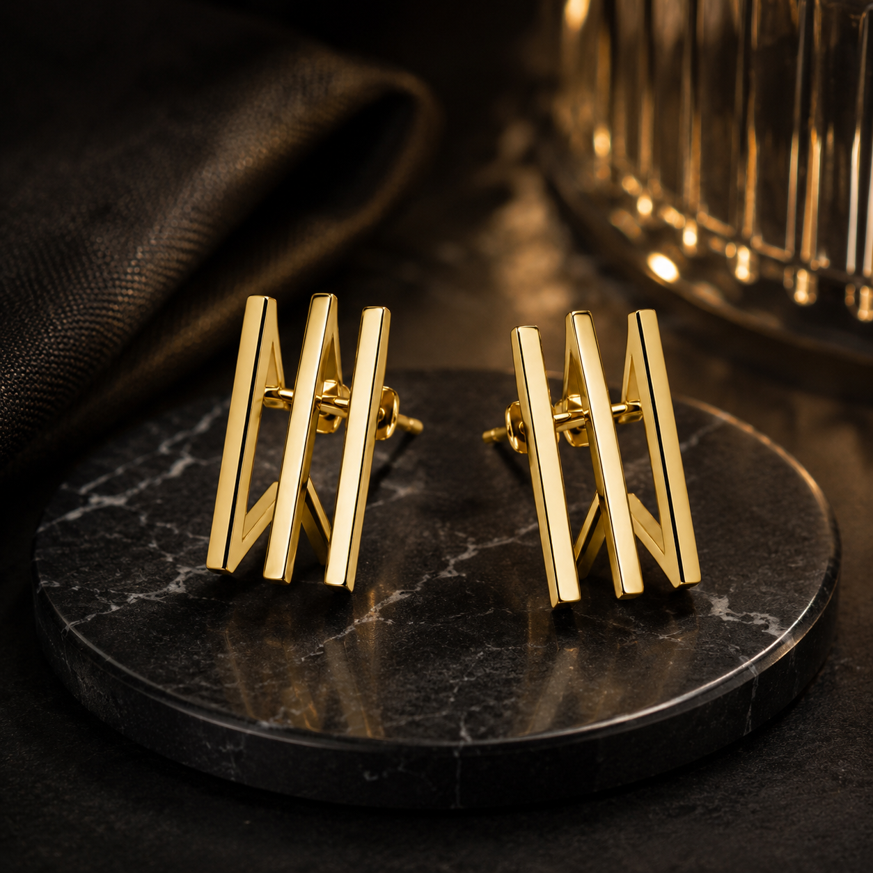 18K Triple Bar Geometric Stud Earrings