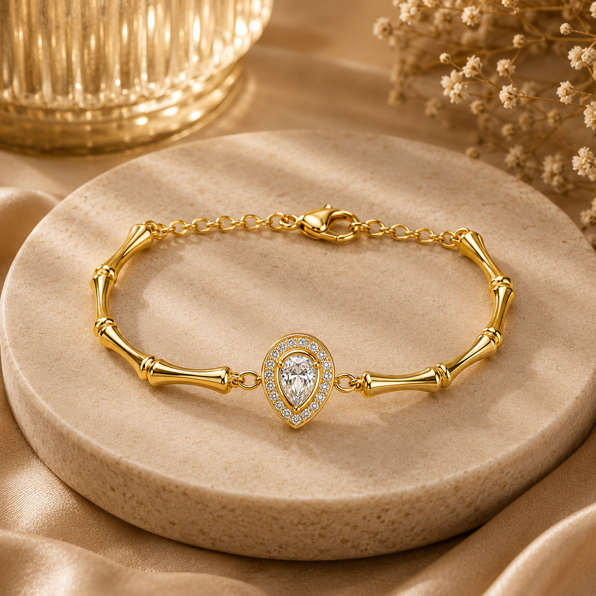 18K Pear Crystal Bamboo Bracelet