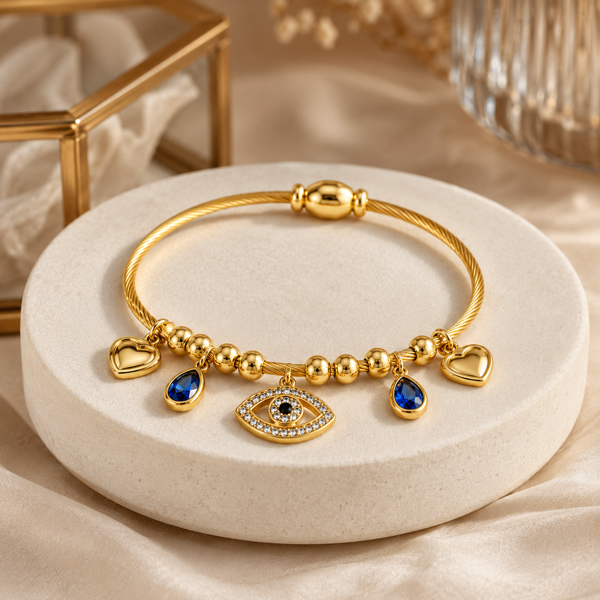 18K Evil Eye Charm Cable Bracelet