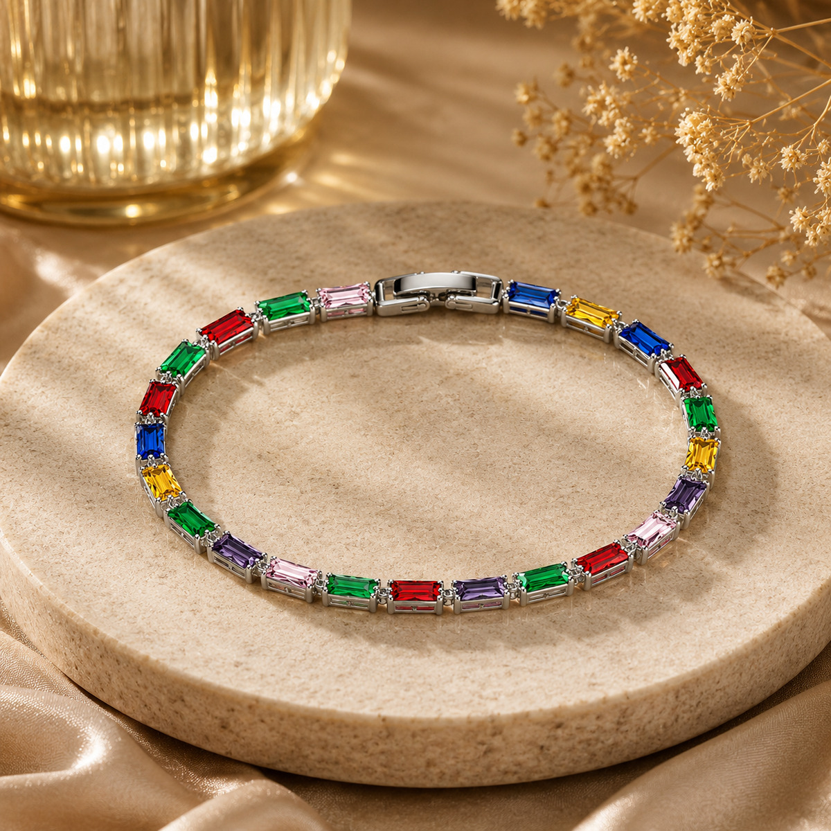 18K Rainbow Baguette Crystal Tennis Bracelet