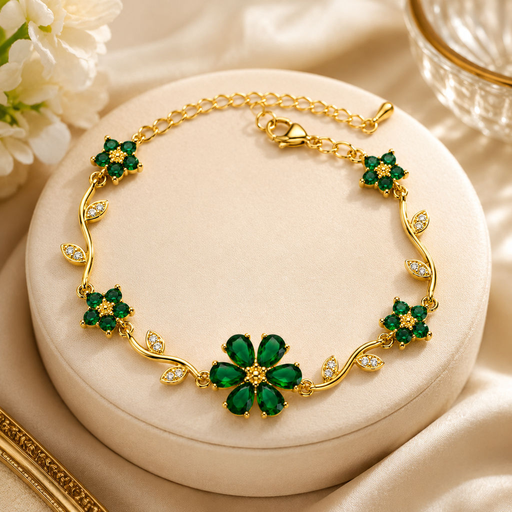 18K Emerald Floral Crystal Bracelet