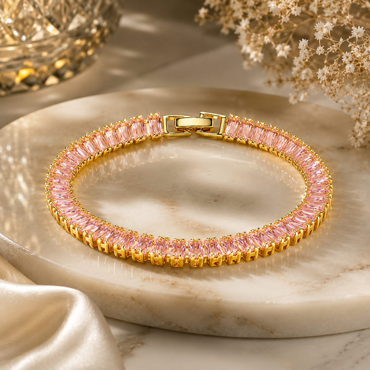 18K Pink Baguette Crystal Tennis Bracelet