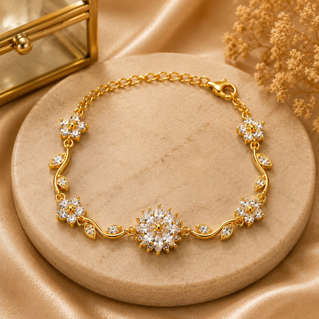 18K Floral Crystal Charm Bracelet