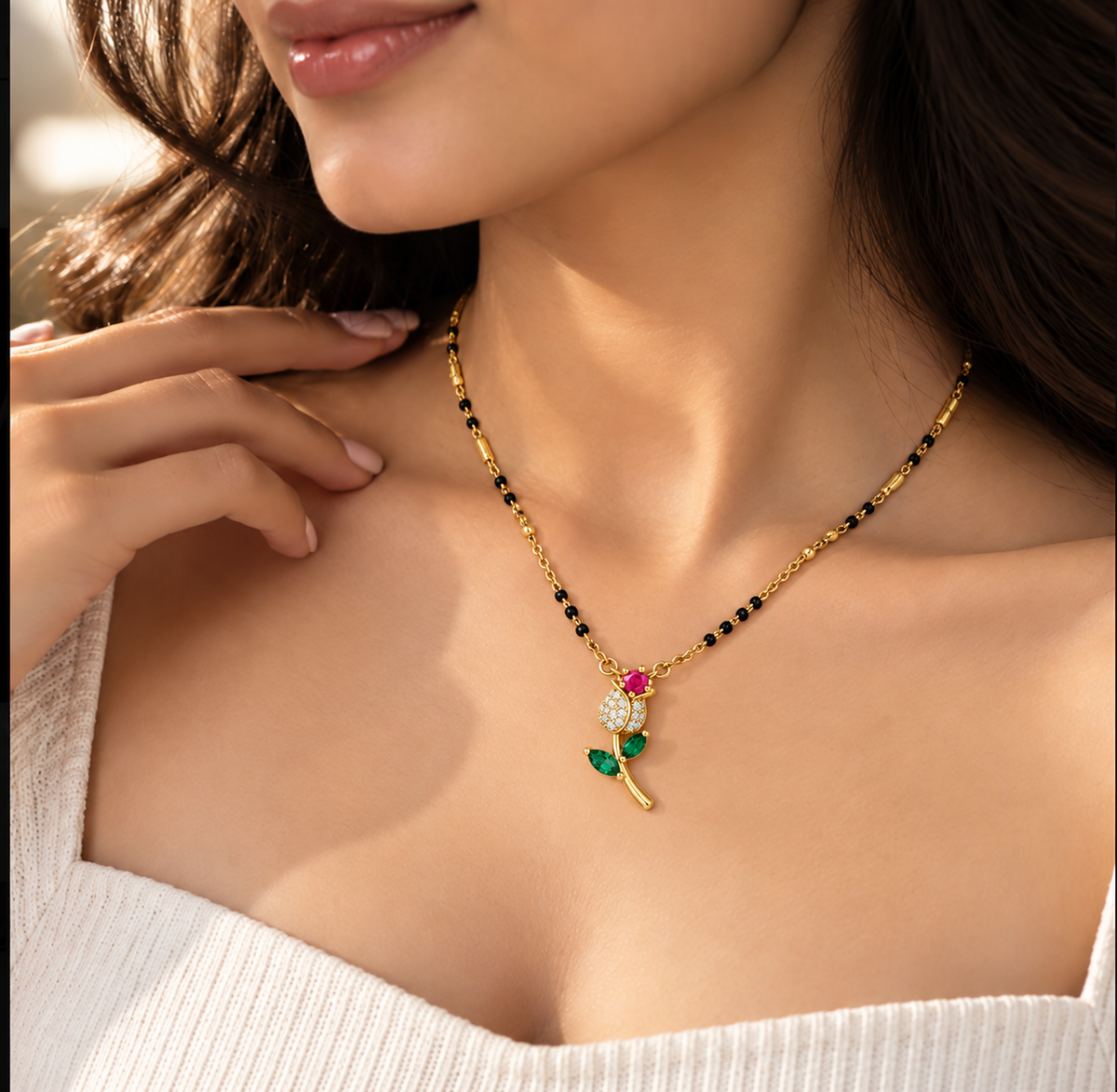 18K Gold Tone Anti-Tarnish Floral Rose Pendant Mangalsutra